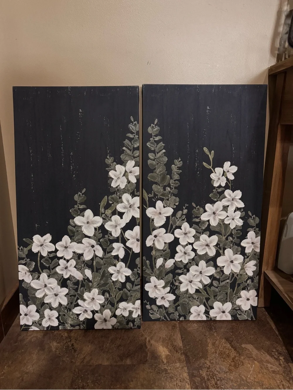 Floral Canvas Wall Art - White Blossoms on Black Background